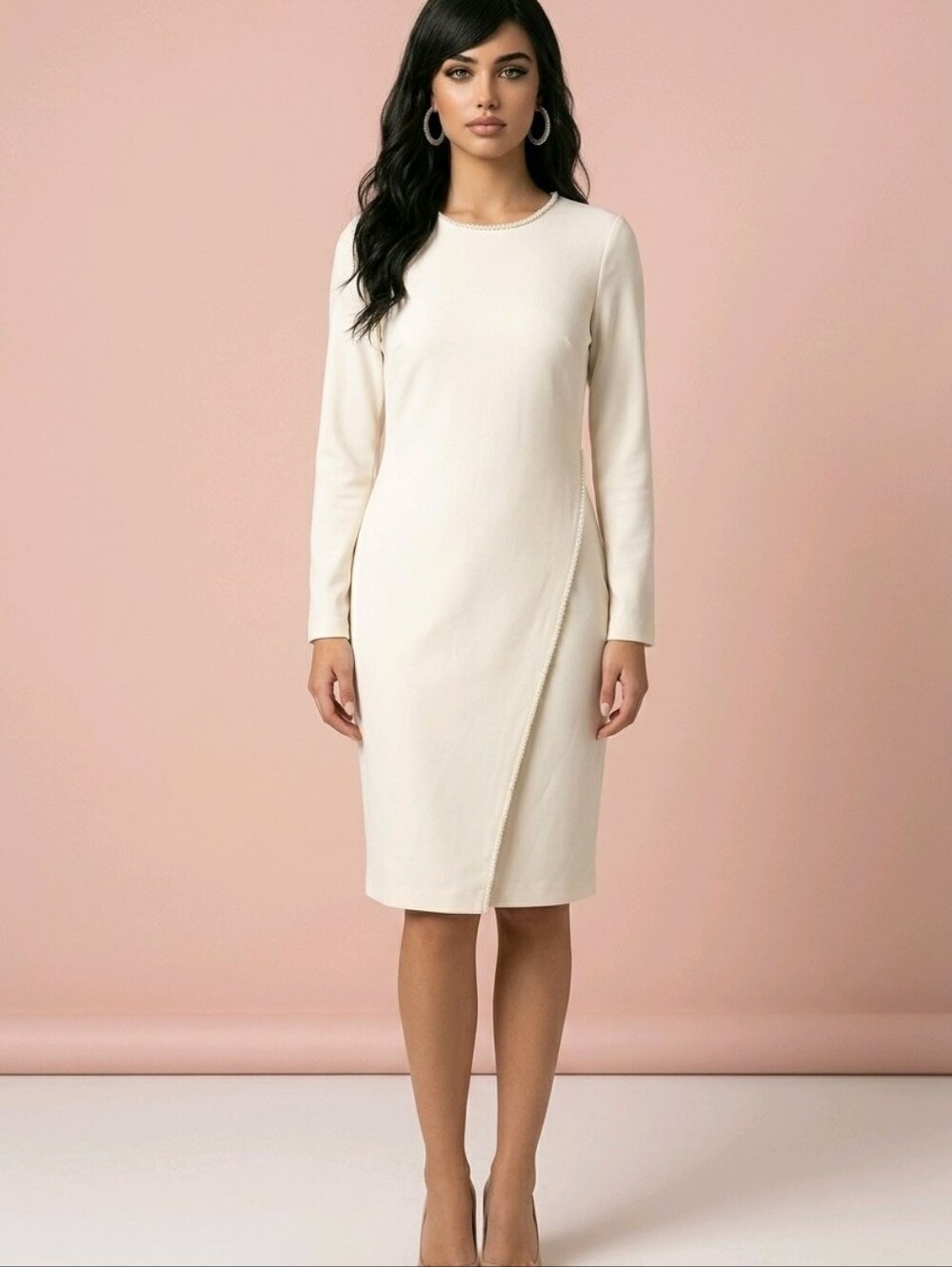 DKNY Cream Long-Sleeve Sheath Dress with Beaded Trim